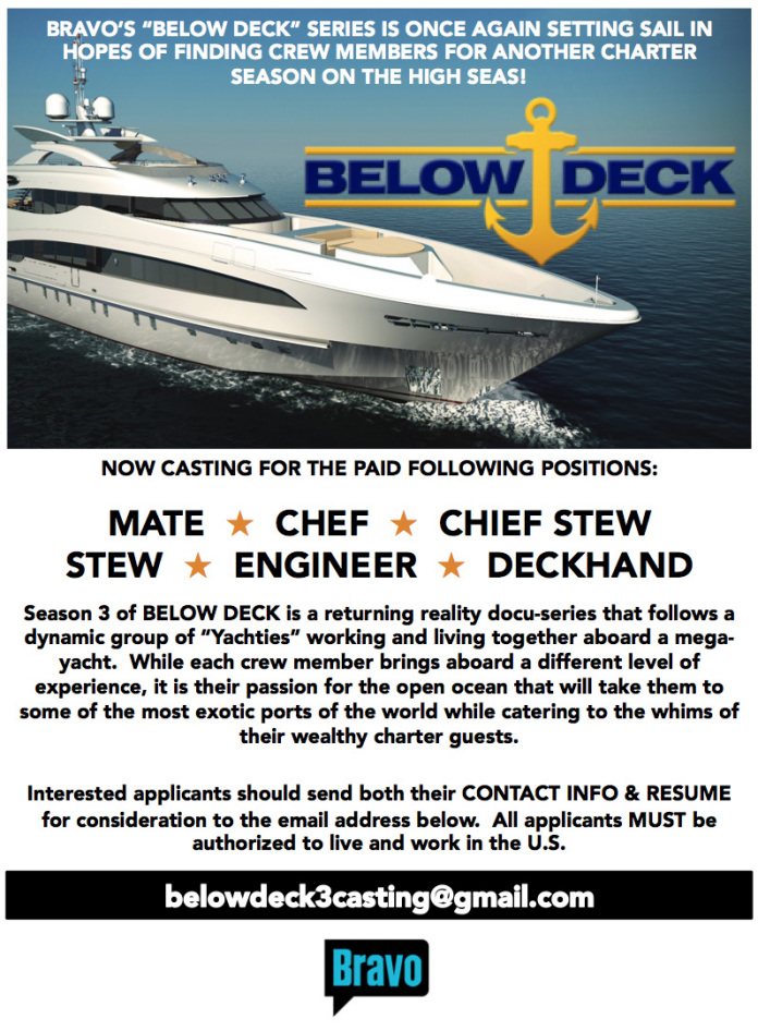 Bravo TV "Below Deck" Casting Yacht Chef wanted for new series